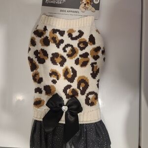 FRIENDS FOREVER Leopard Print Dog Sweater with Black Bow.  16" Length from neck.